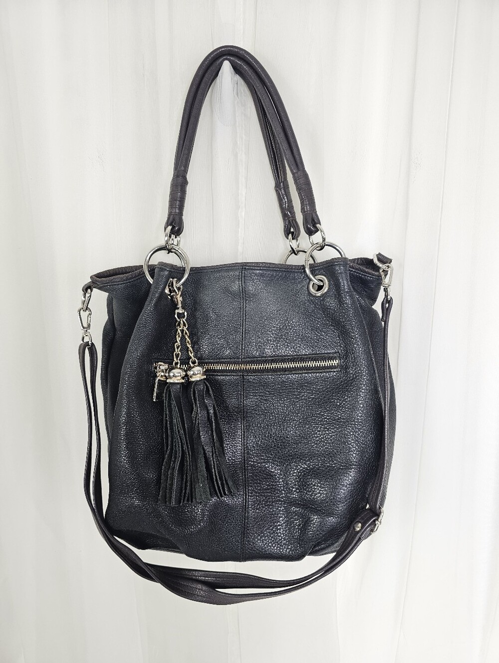 Vintage Toto Black And Brown Leather Tassel Slouchy Hobo Bag Boho Grunge 90s Y2k